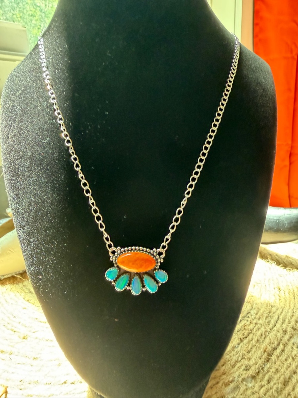 Sterling Sliver-Style Orange Spiny and Blue Opal Pendant Necklace - Picture 2 of 6